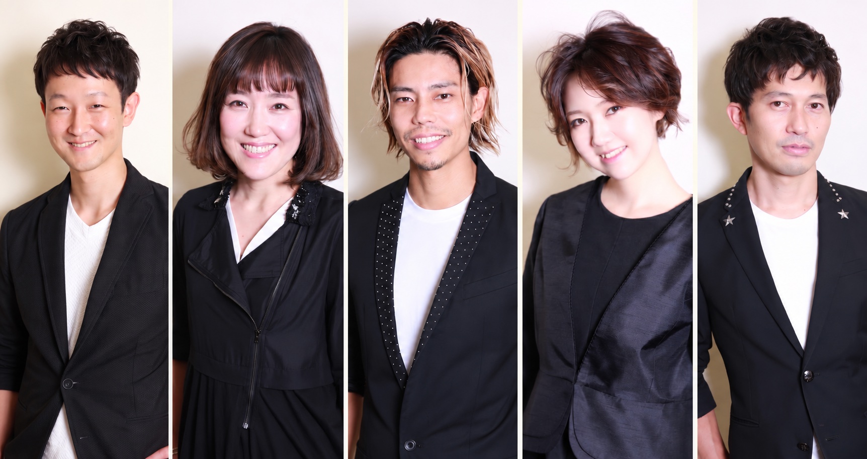 白い壁の前に、黒い服のbelogのスタイリスト5人が横に並んだ集合写真
