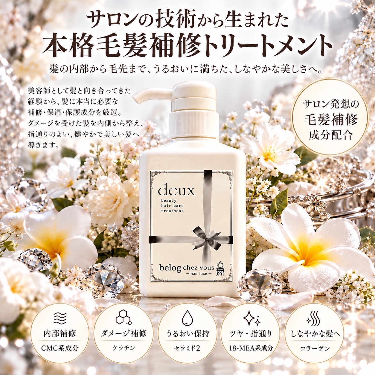 サロンの技術から生まれた本格毛髪補修トリートメント。髪の内部から毛先まで、うるおいに満ちた、しなやかな美しさへ。美容師として髪と向き合ってきた経験から、髪に本当に必要な補修・保湿・保護成分を厳選。白い花とクリスタルに囲まれたトリートメント deux。サロン発想の毛髪補修成分配合。内部補修(CMC系成分)、ダメージ補修(ケラチン)、うるおい保持(セラミド2)、ツヤ・指通り(18-MEA系成分)、しなやかな髪へ(コラーゲン)。