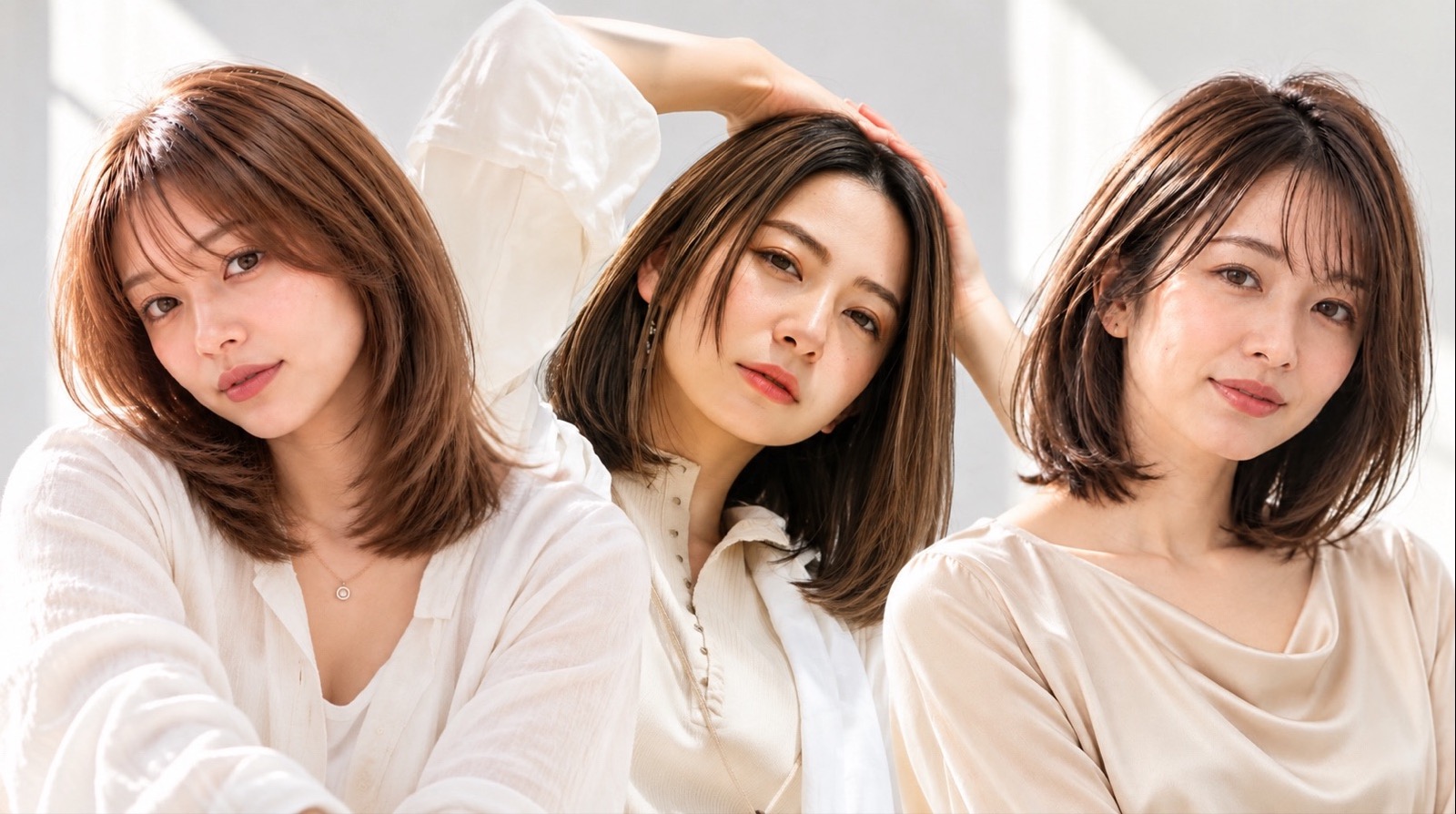 ツヤのあるストレートヘアの女性3人。レイヤーのミディアム、肩下のストレート、外はねのボブ