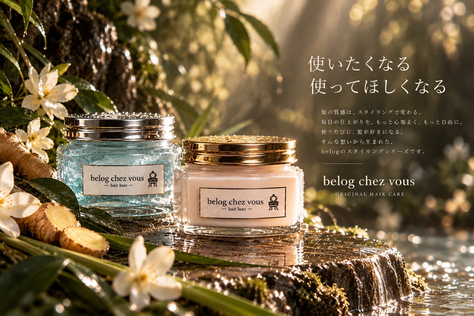水辺の石の上に並ぶ、淡いブルーのヘアジェルとヘアクリーム。使いたくなる 使ってほしくなる。