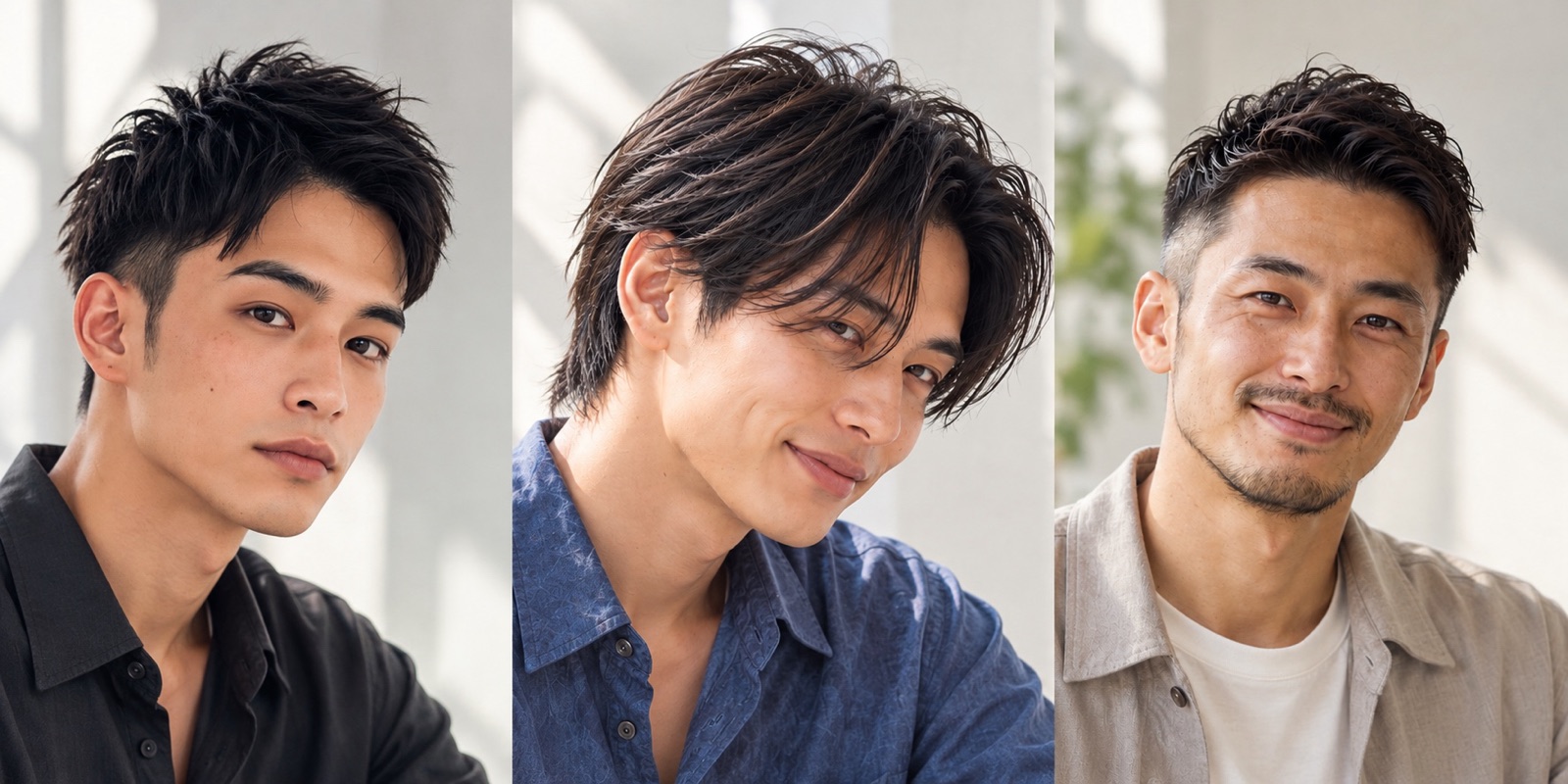 ヘアジェルで仕上げた男性のスタイルのイメージ3点:アップバングのショート、センターパートのミディアム、サイドを短くしたショート