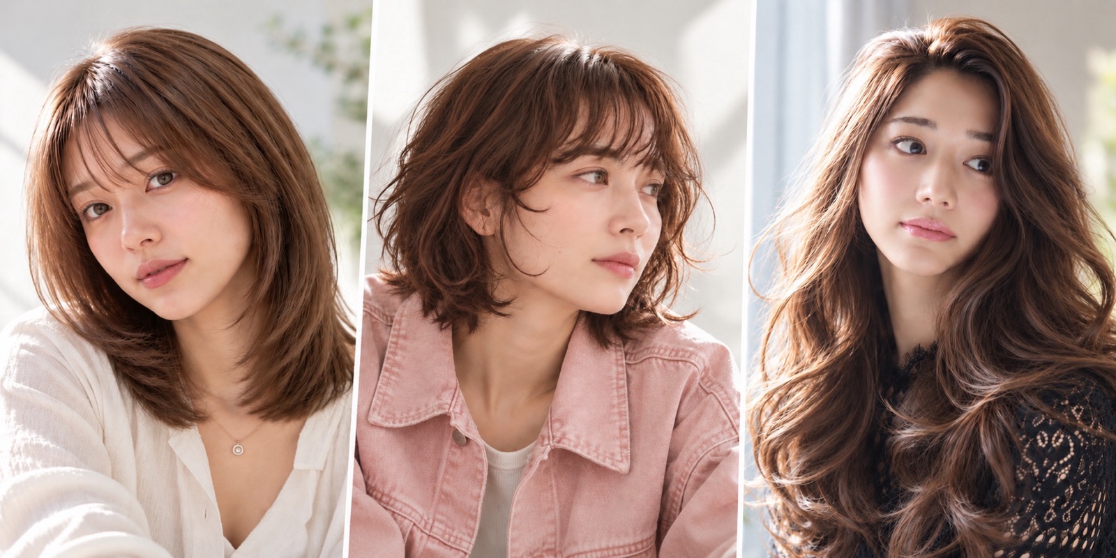 ヘアクリームで仕上げた女性のスタイルのイメージ3点:レイヤーのミディアム、ウルフレイヤーのボブ、ウェーブのロング